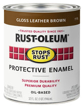 Rust-Oleum Stops Rust 7775502 Enamel Paint, Oil, Gloss, Leather Brown, 1 qt, Can, 50 to 90 sq-ft/qt Coverage Area